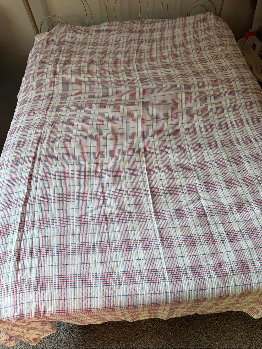 Vintage Sears Toughcord Perma-Prest Plaid Bedspread (King Queen) white red blue